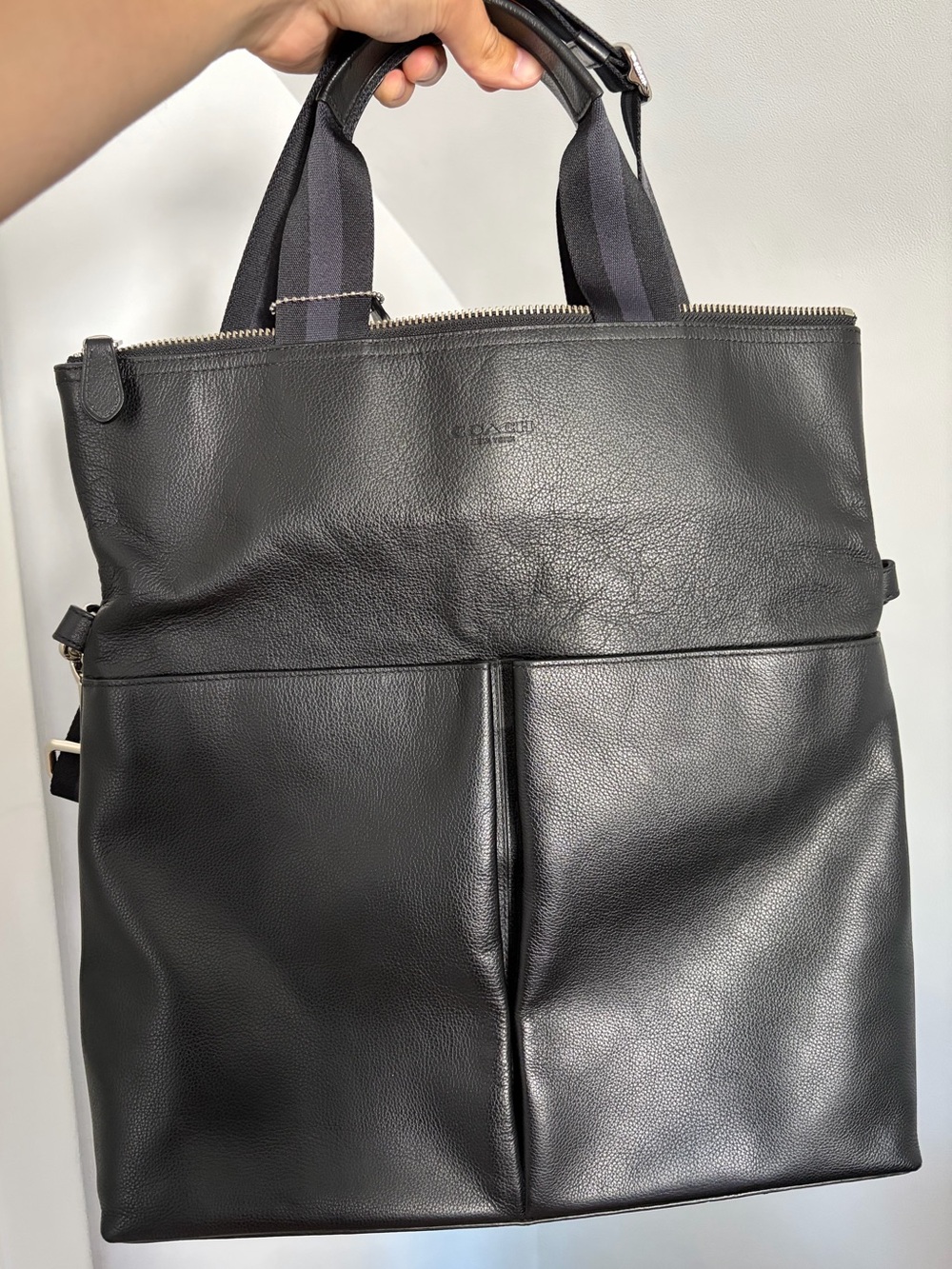 Black Coach Leather Messenger Bag with Striped Shoulder Strap